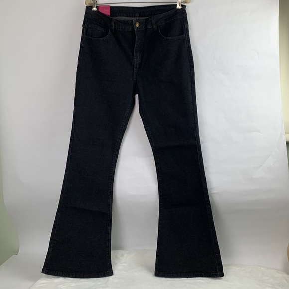 Tengfu Black Washed Denim Flare Jeans Size 14 NWT - Picture 1 of 6